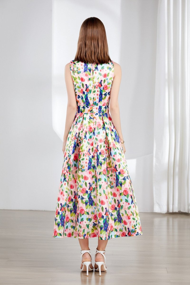 Floral Sleeveless Boatneck Flared A Line Midi Dress