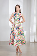 Floral Sleeveless Boatneck Flared A Line Midi Dress